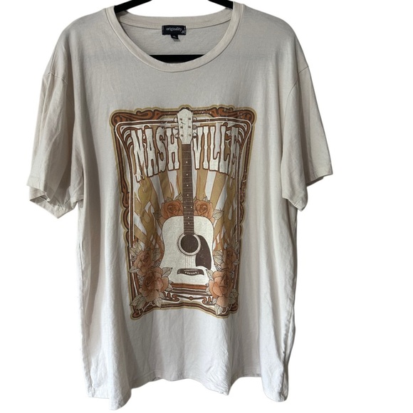 Originality Tops - Originality Cream Nashville Guitar Flames and Floral Graphic Short Sleeve Tee